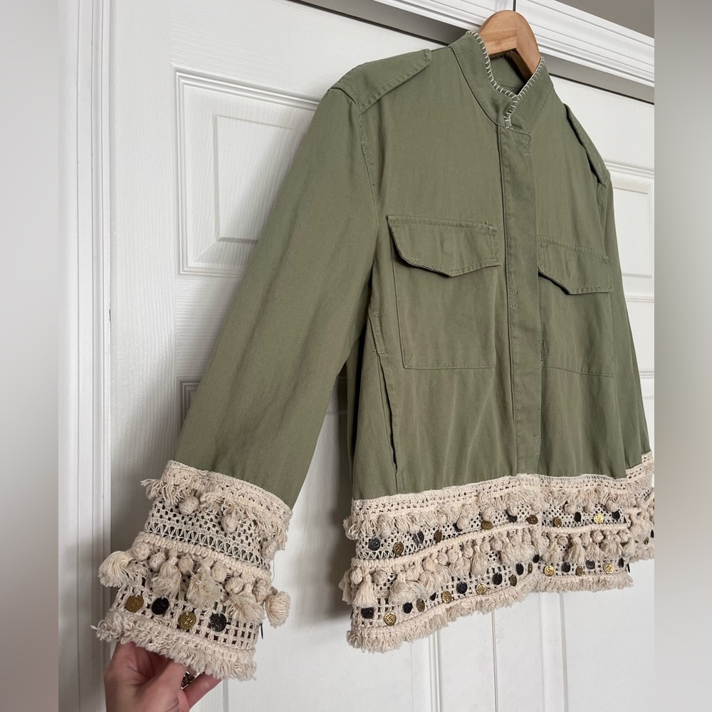 {Zara Woman} Tassel Coin Fringe Trim Short Parka Utility Jacket in Green - Small - Picture 5 of 12